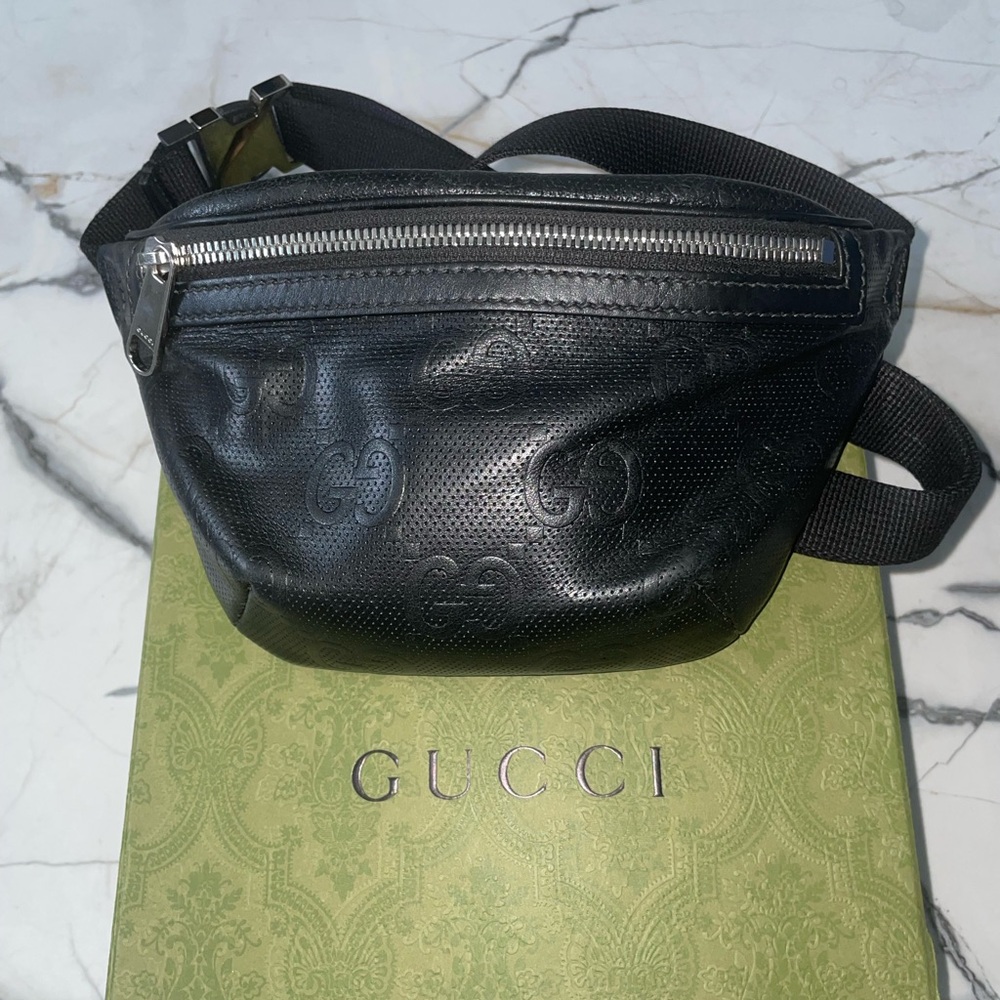 Gucci Black Embossed Leather Belt Bag